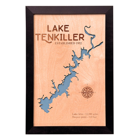 Wooden map of Lake Tenkiller featuring intricate laser-cut design, blue water inlay, compass engraving, and lake details