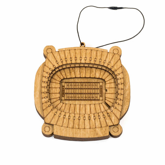 3D wooden ornament of Arrowhead Stadium in Kansas City, Missouri, featuring detailed stadium design, perfect for holiday decorations