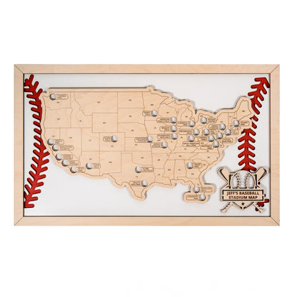 Engraved wooden map of USA baseball stadiums, featuring customizable markers to track visits to ballparks.