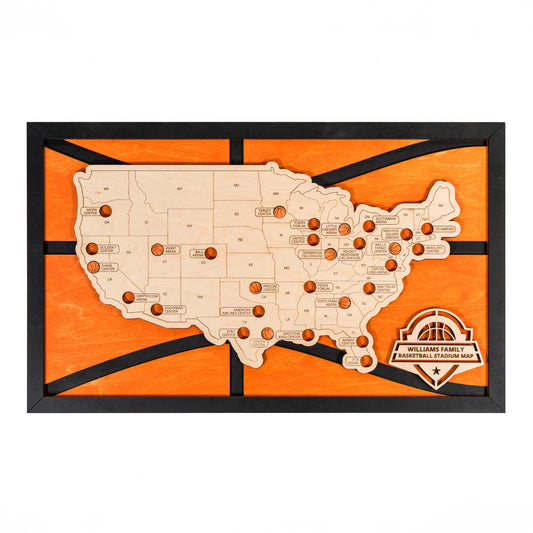 Wooden basketball stadium map of the USA with markers to track arena visits.