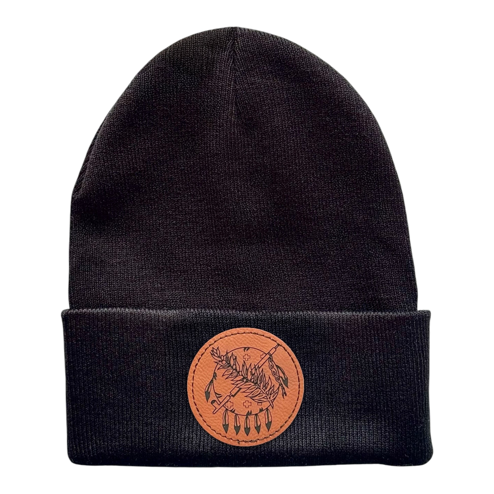 Black beanie featuring a detailed Oklahoma symbol patch made from leather.