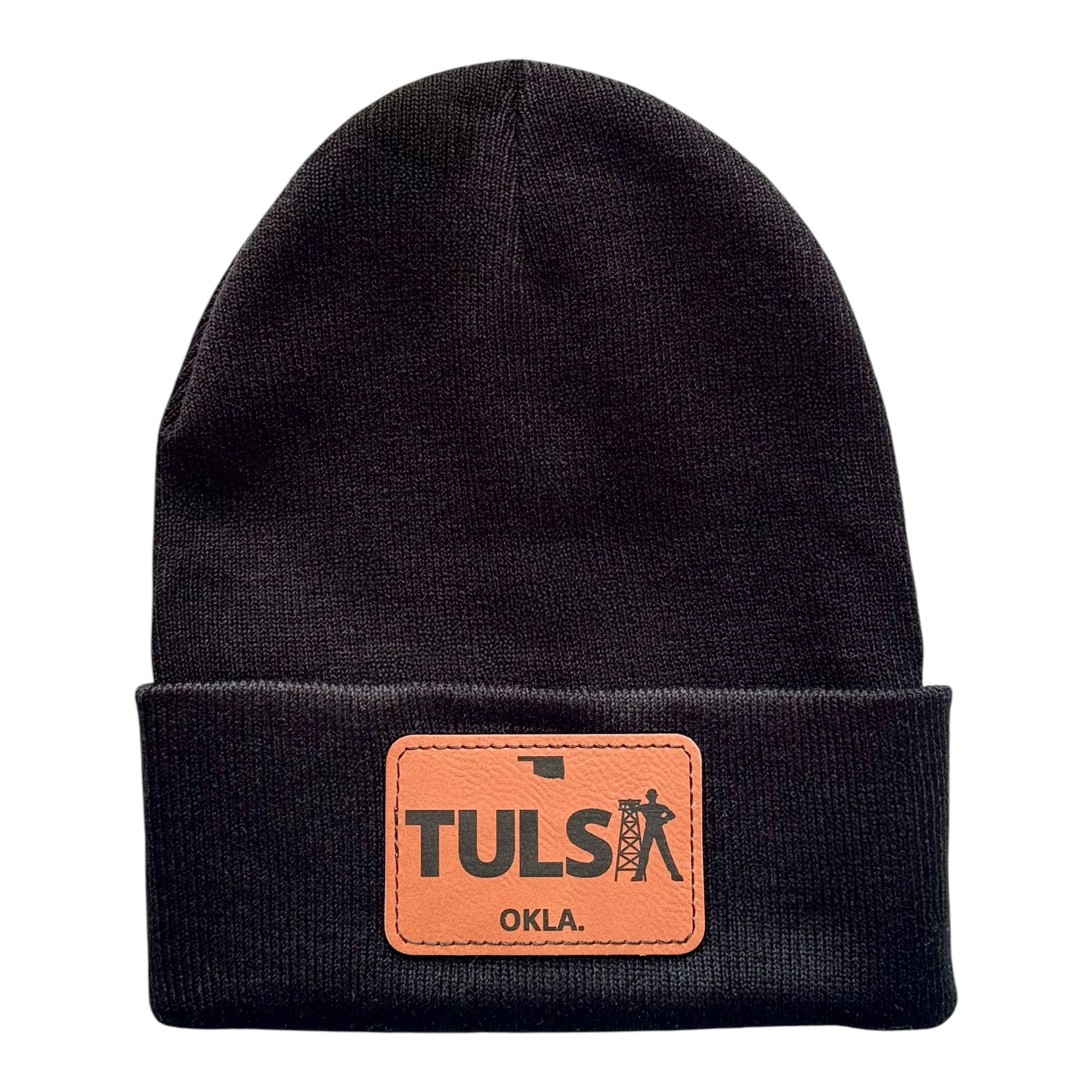 Black knit beanie featuring a leather patch with the Tulsa Driller design, highlighting Tulsa.