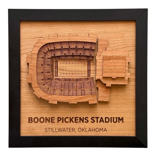 3D wooden wall art of Boone Pickens Stadium in Stillwater, Oklahoma, featuring intricate stadium details.