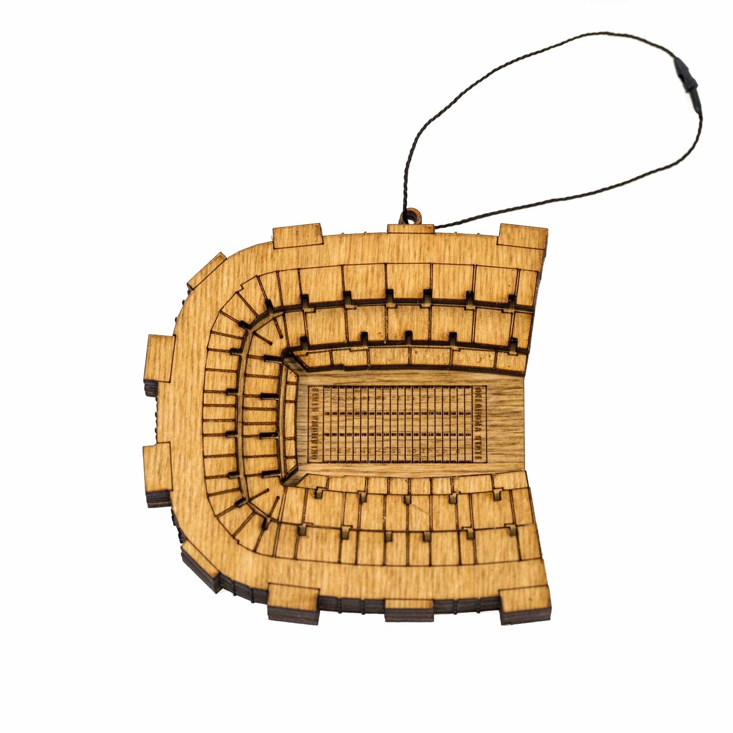 3D wooden ornament of Boone Pickens Stadium in Stillwater, Oklahoma, with detailed stadium design.