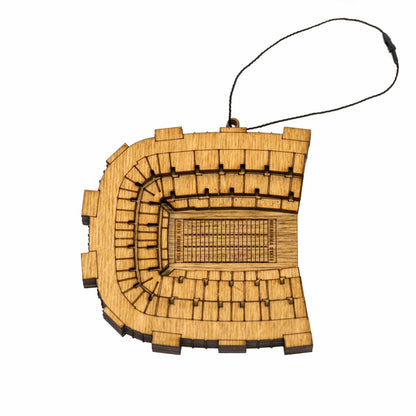 3D wooden ornament of Boone Pickens Stadium in Stillwater, Oklahoma, with detailed stadium design.