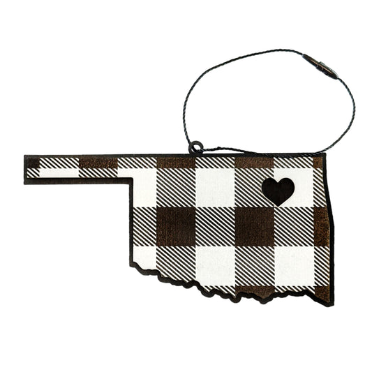 Wooden Oklahoma state ornament featuring a black-and-white buffalo plaid design and a heart cutout