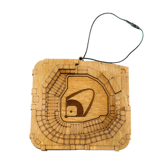 3D wooden ornament of Busch Stadium in St. Louis, Missouri, featuring intricate stadium details and hanging loop.