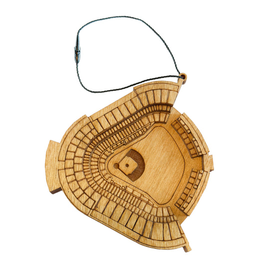 3D wooden ornament of Dodger Stadium in Los Angeles, California, featuring intricate stadium details and hanging loop