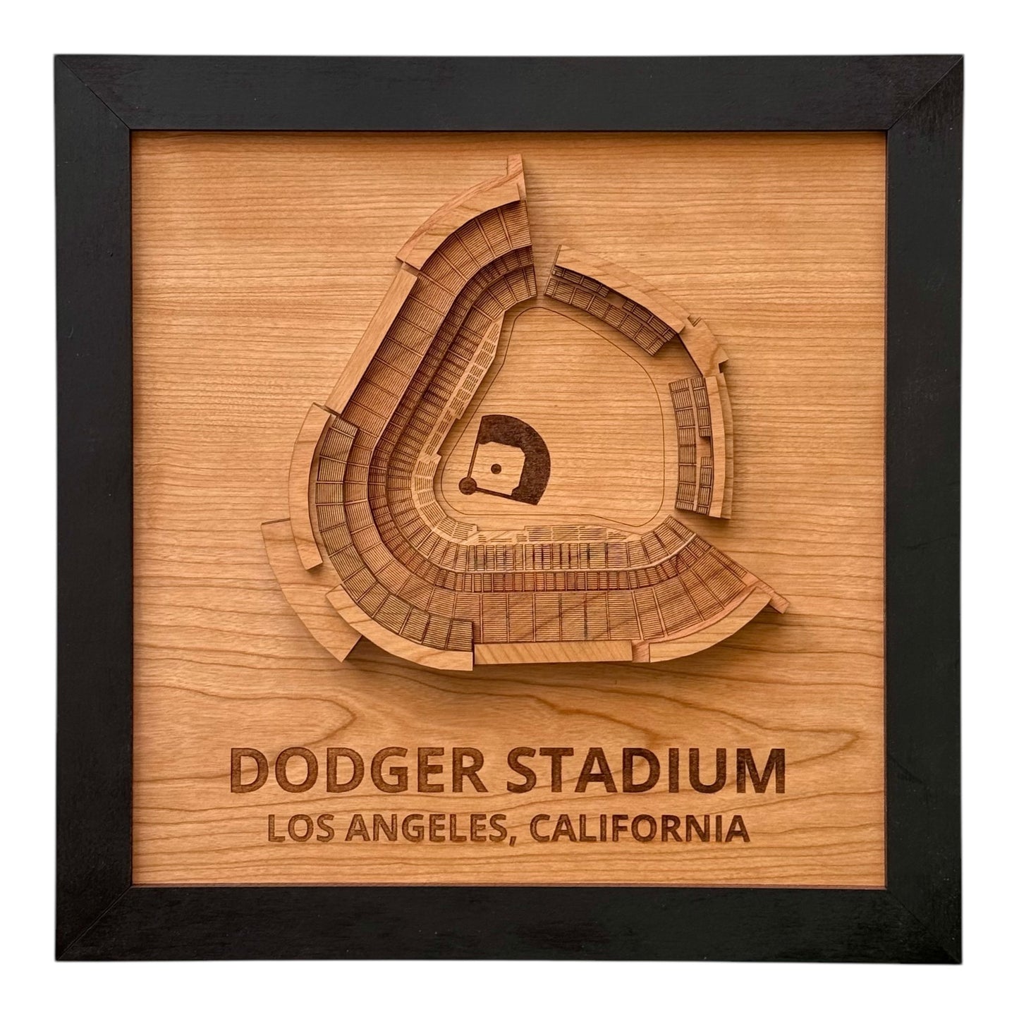 3D wooden wall art of Dodger Stadium in Los Angeles, California, featuring intricate stadium details.