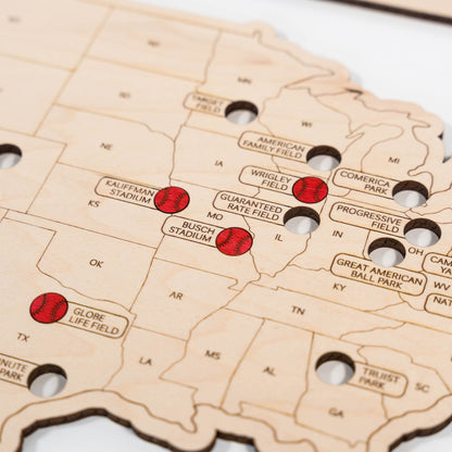 Decorative wooden baseball travel map to track and display visits to ballparks across the USA