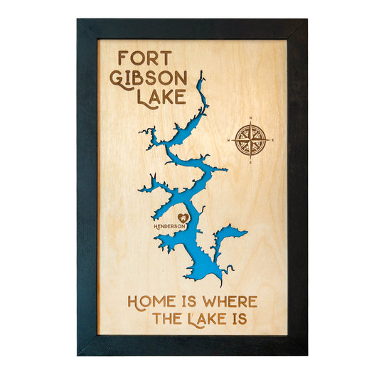 Wooden map of Fort Gibson Lake featuring laser-cut design, blue lake details, and compass engraving.