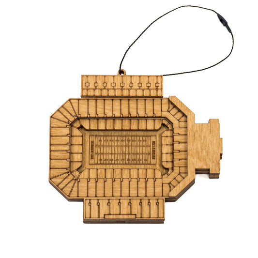 3D wooden ornament of Gaylord Family Oklahoma Memorial Stadium in Norman, Oklahoma, with intricate stadium details