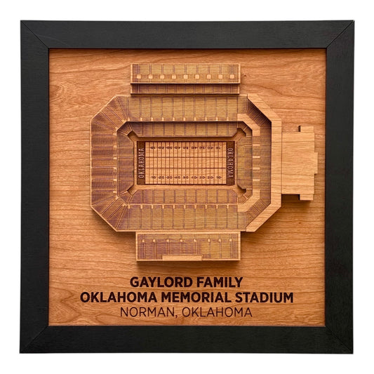 3D wooden wall art of Gaylord Family Oklahoma Memorial Stadium in Norman, Oklahoma, featuring intricate stadium details