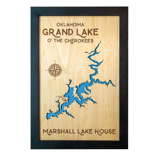 Wooden map of Grand Lake O’ the Cherokees in Oklahoma, featuring a laser-cut lake design with blue water details and compass engraving