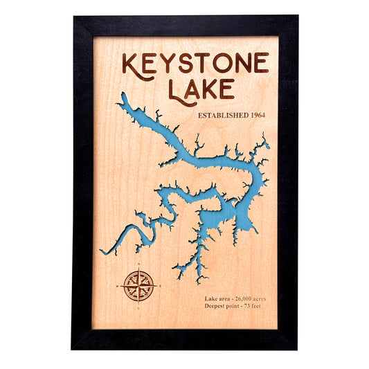 Wooden map of Keystone Lake featuring laser-cut lake design with blue water inlay, compass engraving, and lake facts