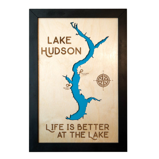 Wooden map of Lake Hudson with laser-cut design, blue water inlay, compass engraving, and custom property markers