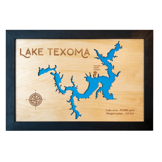 Wooden map of Lake Texoma featuring intricate laser-cut design, blue water inlay, compass engraving, and marina marker