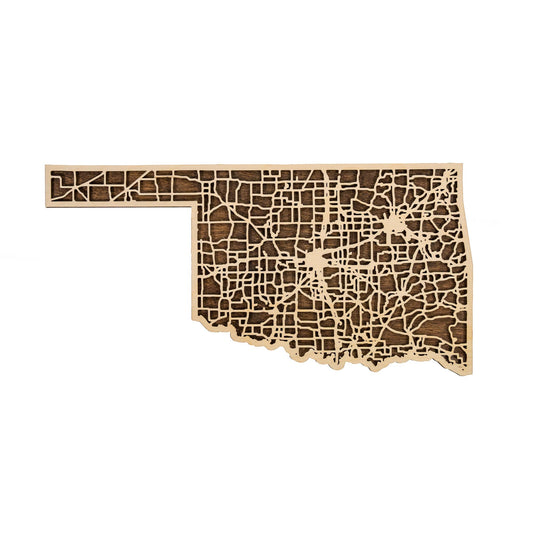 Medium-sized 3D wooden map of Oklahoma highways showcasing intricate road networks on a contrasting wood base.