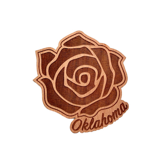 Wooden sticker of the Oklahoma rose design, laser-etched on maple with “Oklahoma” intricately engraved below.