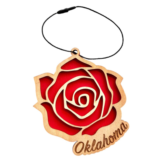 Two-layered wooden ornament shaped like a rose with vibrant red backing and Oklahoma text at the bottom