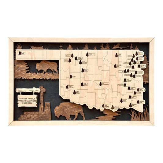 Personalized Oklahoma State Park map featuring a rustic bison and forest design, with labeled parks and 3D tree markers.