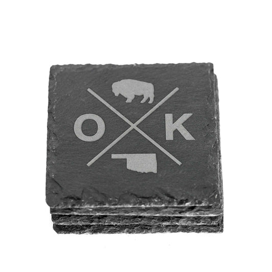 Slate coasters with the OK-X design, available in a 4-pack with a wooden coaster caddy for easy storage.