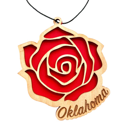 Oklahoma-themed wooden rose ornament with intricate laser-cut details and red accent layer