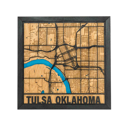 Medium-sized wooden map of Tulsa, Oklahoma, featuring detailed street engravings and a black frame.