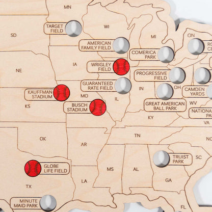 Wooden baseball ballpark tracker map with detailed engravings and baseball-themed accents.