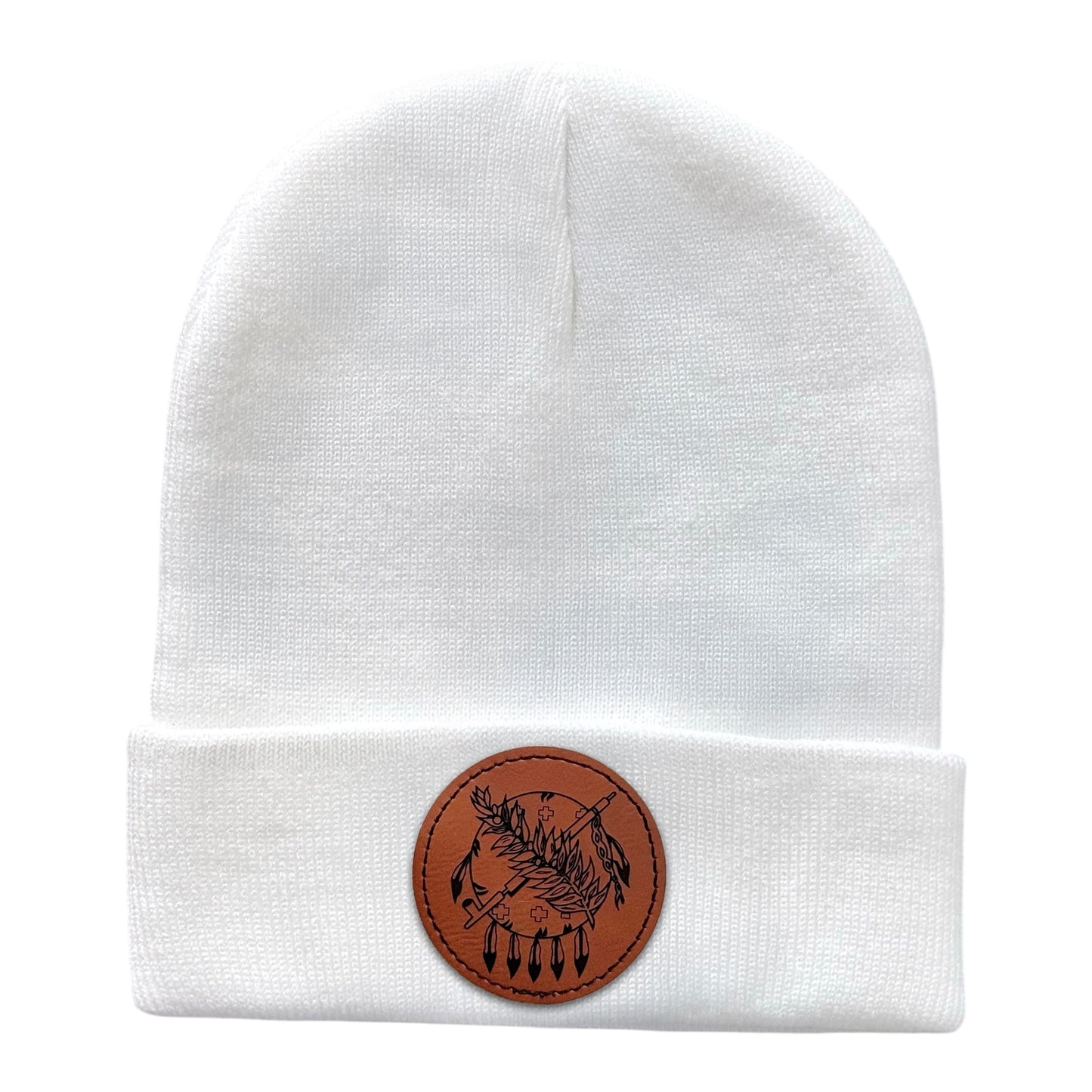 White beanie showcasing a round leather Oklahoma symbol patch with intricate design.