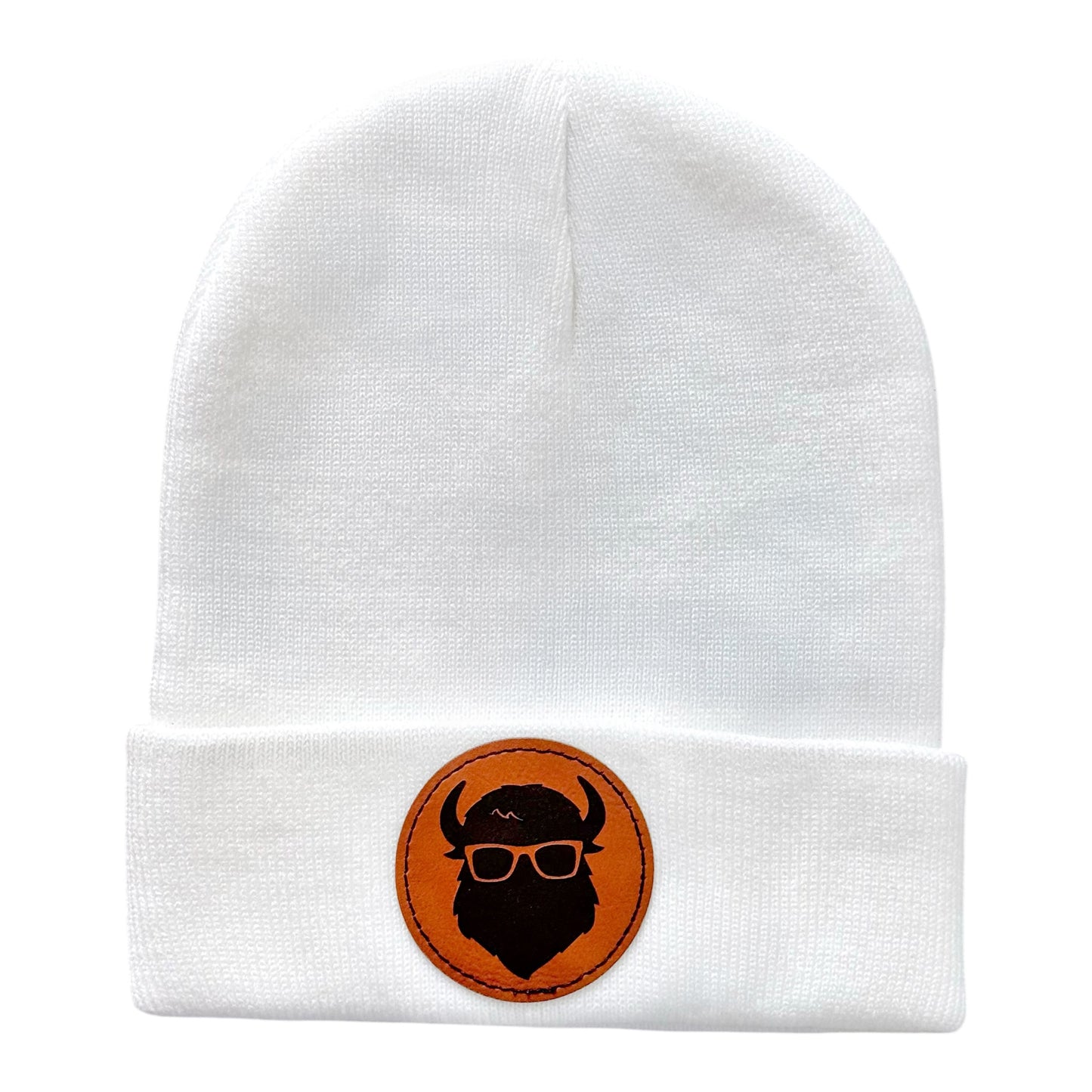 White beanie featuring “The Curious Bison” logo on a leather patch, shown in full view.