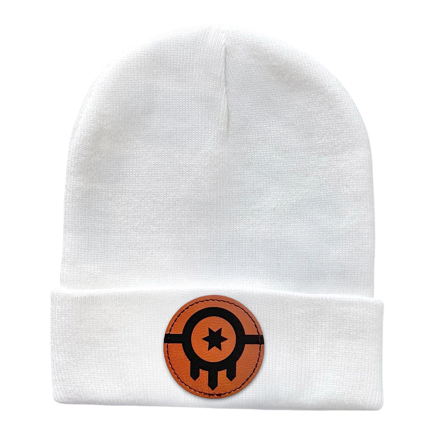 White knit beanie featuring a leather patch with the Tulsa Flag, showing the full design.