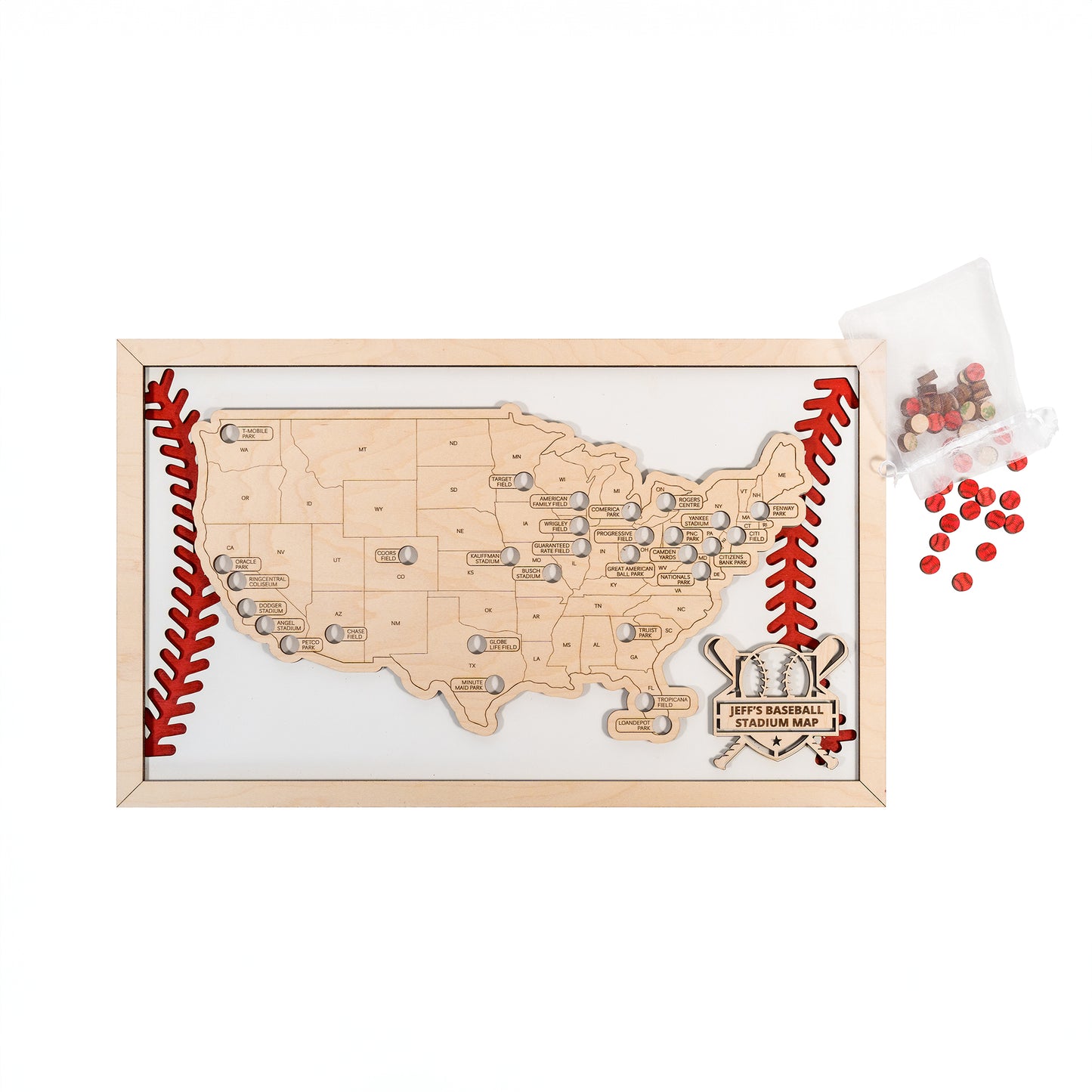 Handcrafted wooden wall art map of baseball stadiums in the USA, perfect for fans and collectors.