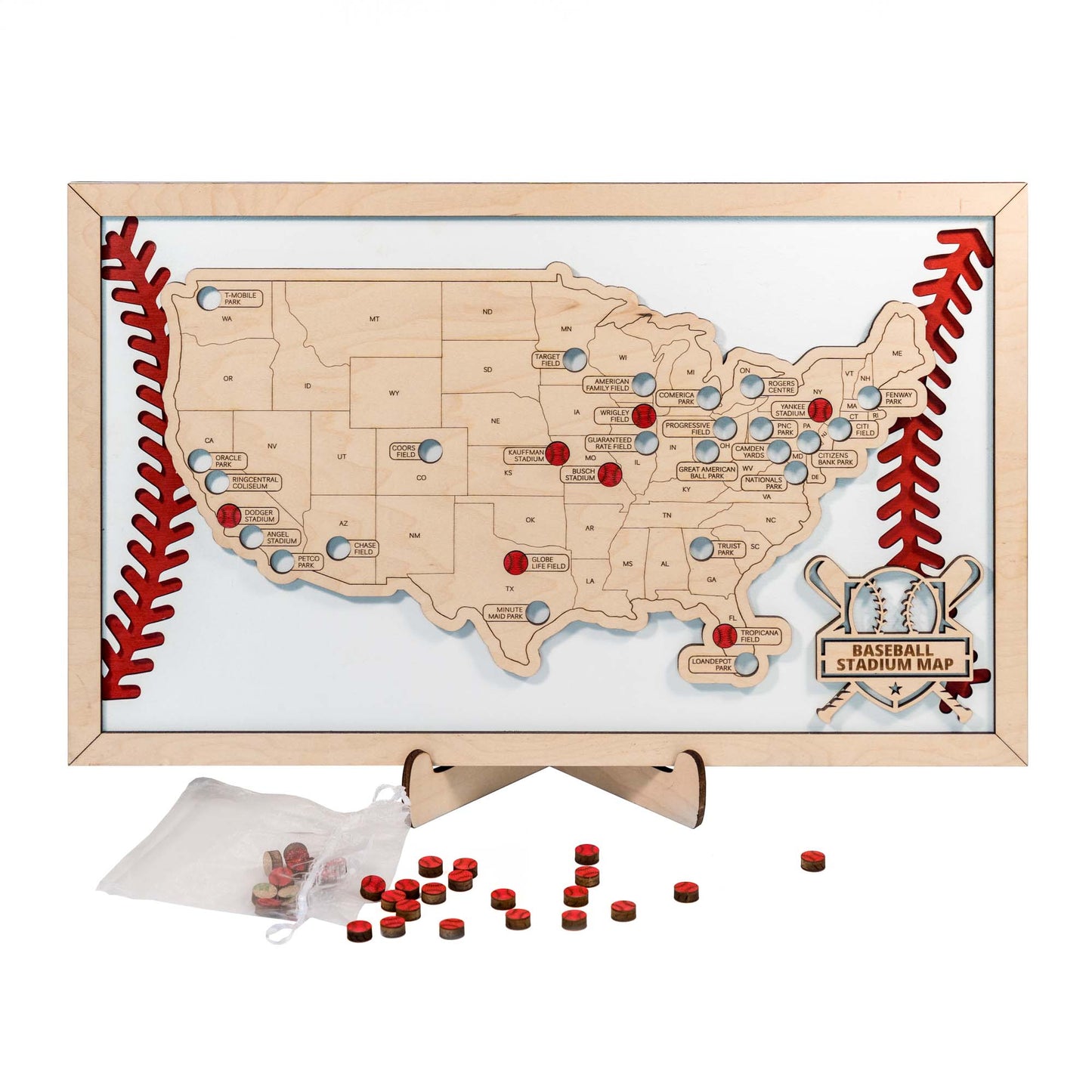 Wooden baseball stadium map of the USA, featuring customizable markers to track visited ballparks, with intricate design and baseball-themed accents.