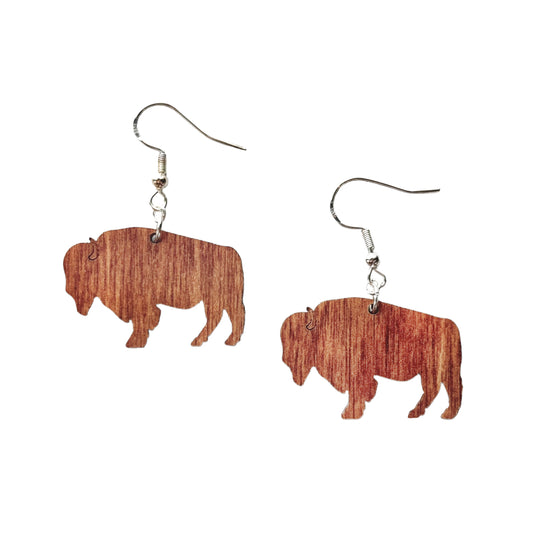 Handcrafted wooden bison earrings with hypoallergenic sterling silver hooks, lightweight and eco-friendly design.