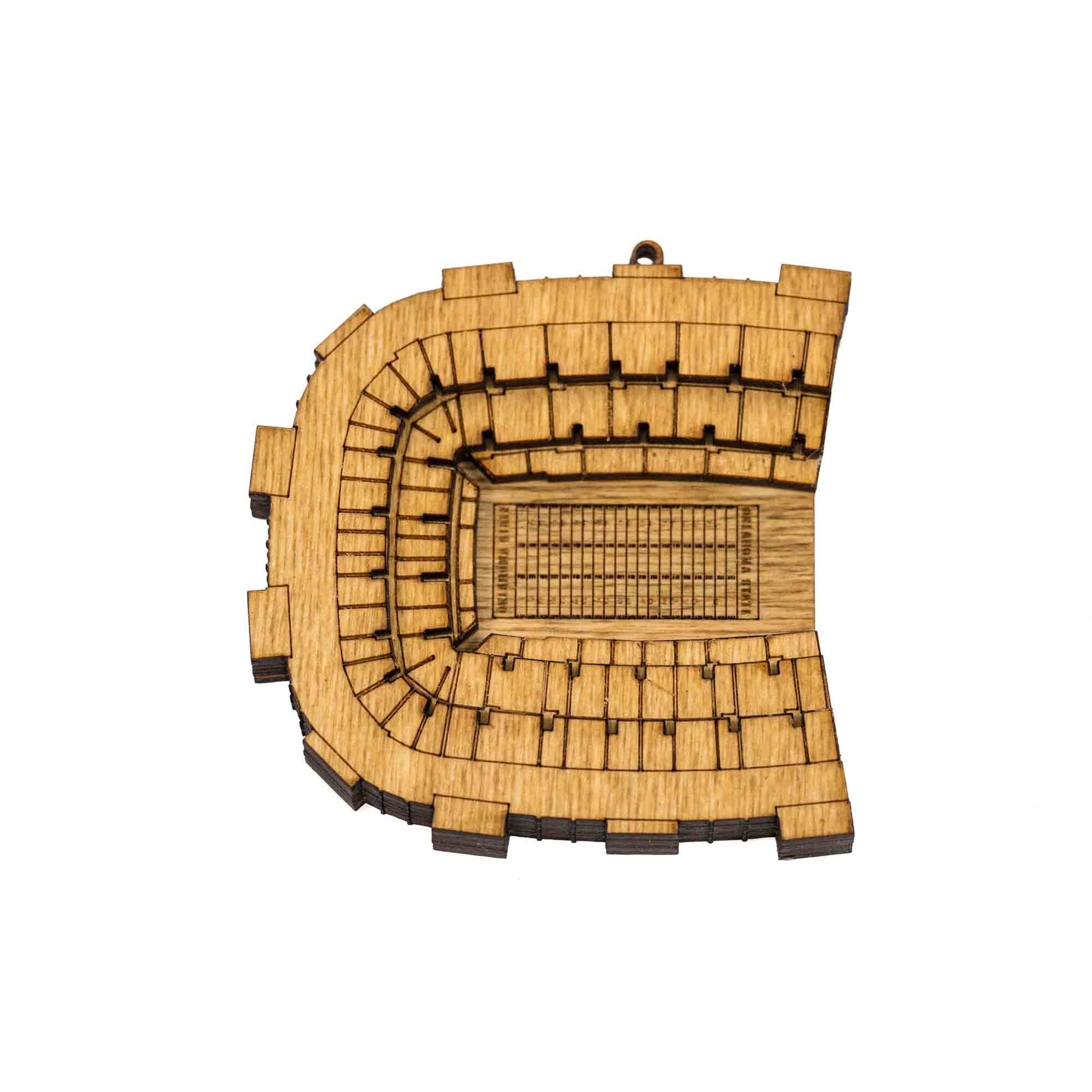 Wooden Boone Pickens Stadium ornament featuring intricate details and a hanging loop for easy display