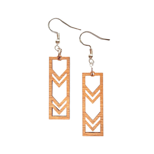 Handcrafted wooden chevron earrings featuring an art deco modern geometric design, lightweight and perfect for everyday wear or special occasions.