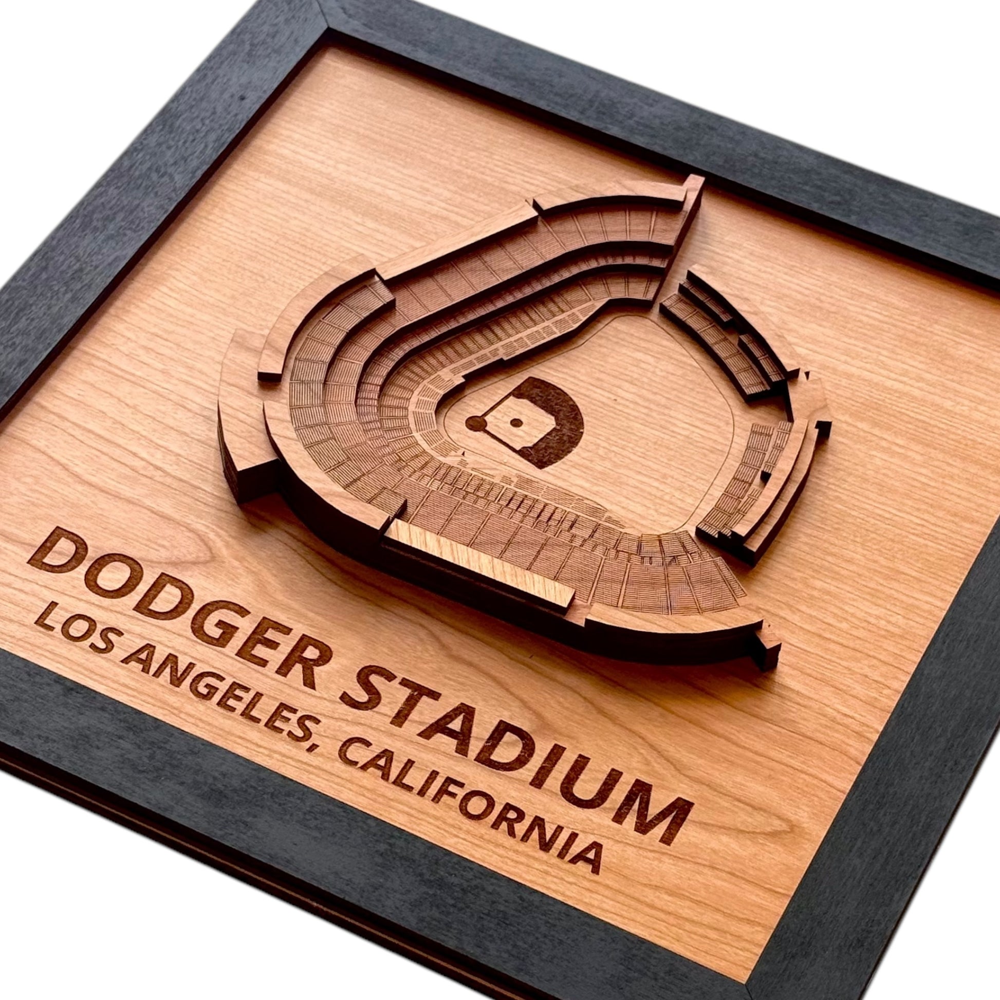 Handcrafted wooden replica of Dodger Stadium, perfect for LA Dodgers fans and home décor.